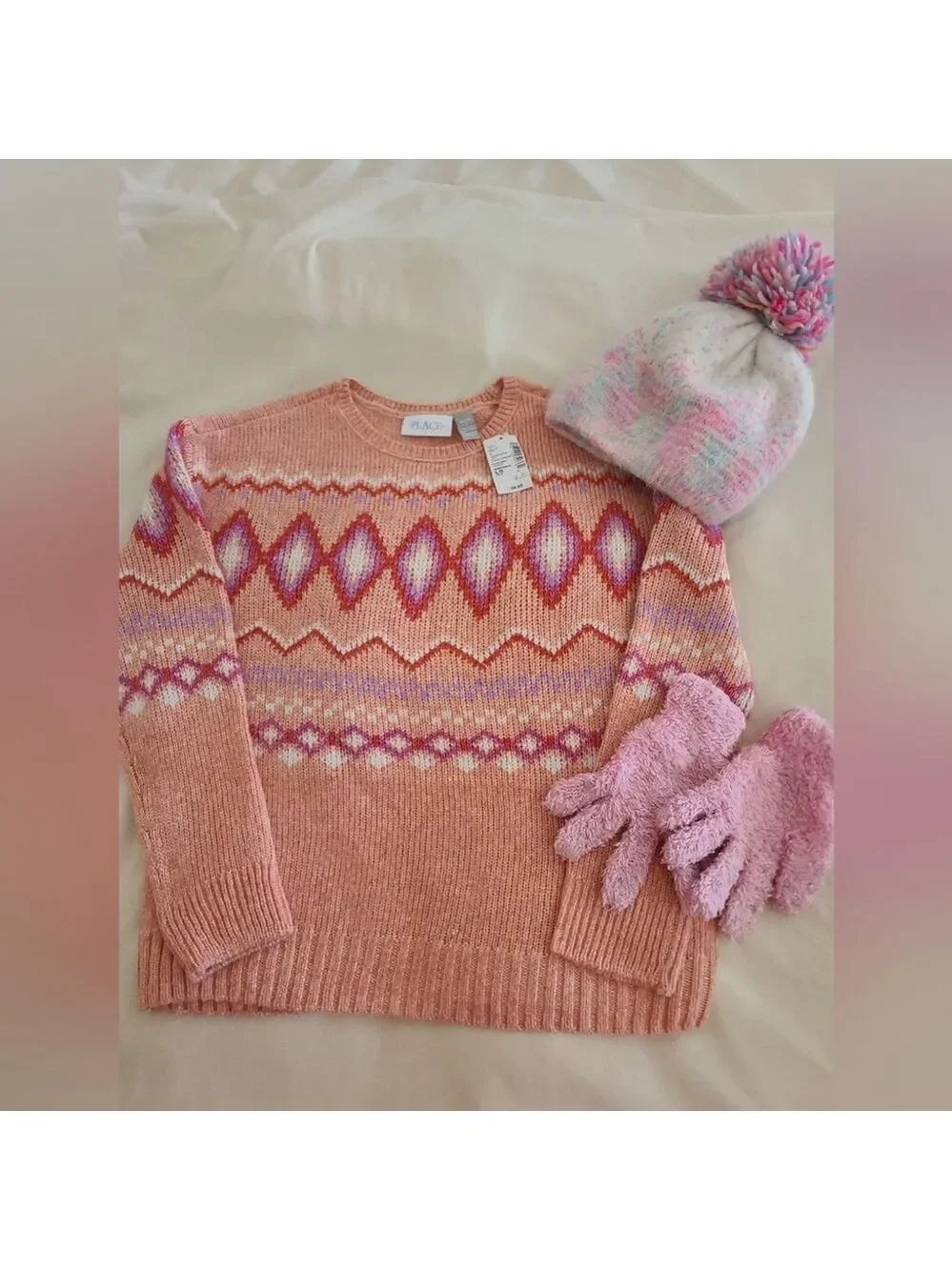 Girls Winter Bundle Set Sweater Hat Gloves L 10/12